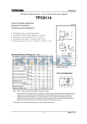 TPC8114 datasheet - Lithium Ion Battery Applications Notebook PC Applications Portable Equipment Applications