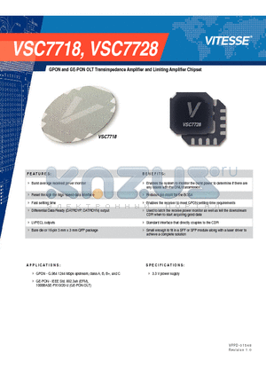 VSC7728 datasheet - GPON and GE-PON OLT Transimpedance Amplifier and Limiting Amplifier Chipset