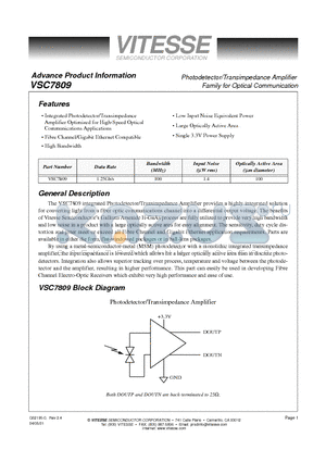 VSC7809WA datasheet - Photodetector/Transimpedance Amplifier Family for Optical Communication