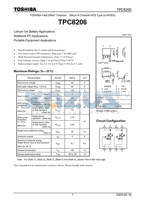 TPC8206 datasheet - TOSHIBA Field Effect Transistor Silicon N Channel MOS Type (U-MOSII)