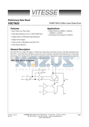 VSC7923CA datasheet - SONET/SDH 2.5Gb/s Laser Diode Driver