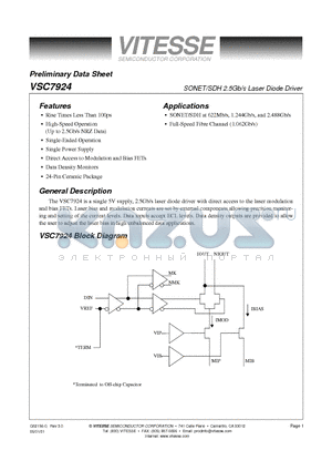 VSC7924 datasheet - SONET/SDH 2.5Gb/s Laser Diode Driver