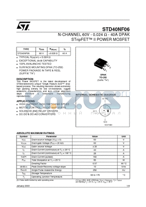 STD40NF06 datasheet - N-CHANNEL 60V - 0.024 ohm - 40A DPAK STripFET II POWER MOSFET