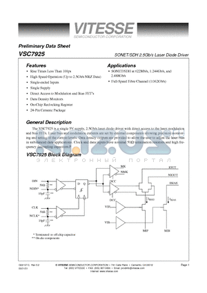 VSC7925 datasheet - SONET/SDH 2.5Gb/s Laser Diode Driver