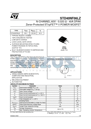 STD40NF06LZ datasheet - N-CHANNEL 60V - 0.020 ohm - 40A DPAK Zener-Protected STripFET II POWER MOSFET
