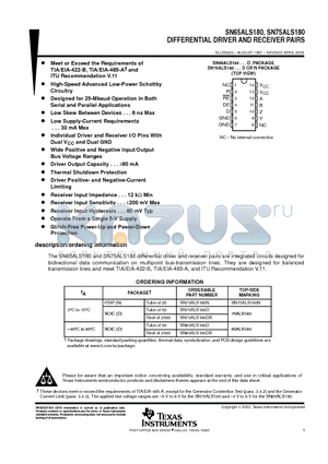 SN75ALS180D datasheet - DIFFERENTIAL DRIVER AND RECEIVER PAIRS