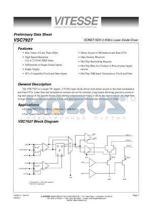 VSC7927KFL datasheet - SONET/SDH 2.5Gb/s Laser Diode Driver