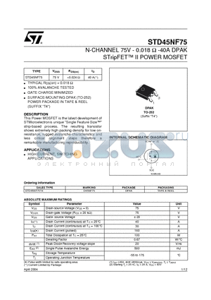 STD45NF75T4 datasheet - N-CHANNEL 75V - 0.018 OHM -40A DPAK STripFETTMII POWER MOSFET