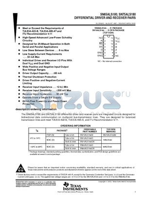 SN75ALS180DR datasheet - DIFFERENTIAL DRIVER AND RECEIVER PAIRS