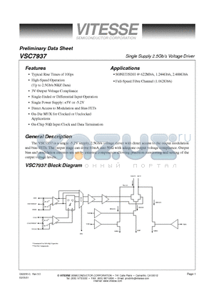 VSC7937RA datasheet - Single Supply 2.5Gb/s Voltage Driver