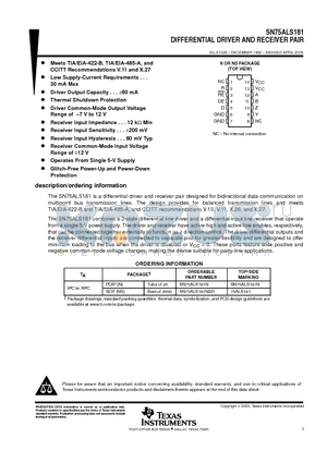 SN75ALS181N datasheet - DIFFERENTIAL DRIVER AND RECEIVER PAIR