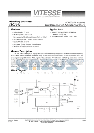 VSC7940 datasheet - SONET/SDH 3.125Gb/s Laser Diode Driver with Automatic Power Control