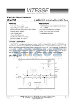 VSC7961YD datasheet - 3.125Gb/s PECL Limiting Amplifier with LOS Detect
