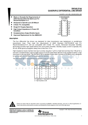 SN75ALS192N datasheet - QUADRUPLE DIFFERENTIAL LINE DRIVER