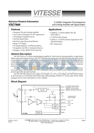 VSC7969YD2 datasheet - 3.125Gb/s Integrated Transimpedance and Limiting Amplifier with Signal Detect