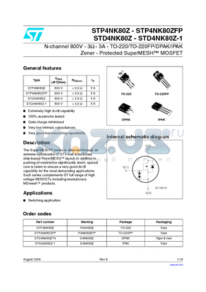 STD4NK80Z-1 datasheet - N-channel 800V - 3Y - 3A - TO-220/TO-220FP/DPAK/IPAK Zener - Protected SuperMESH MOSFET