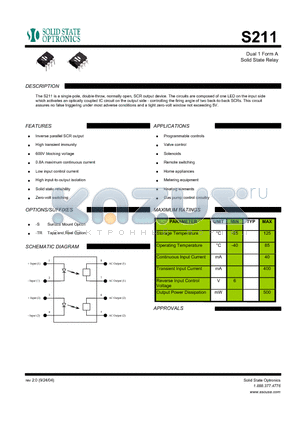 S211 datasheet - Dual 1 Form A Solid State Relay