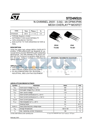 STD4NS25 datasheet - N-CHANNEL 250V - 0.9ohm - 4A DPAK/IPAK MESH OVERLAY MOSFET