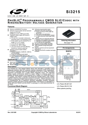 SI3215 datasheet - PROSLIC^ PROGRAMMABLE CMOS SLIC/CODEC WITH RINGING/BATTERY VOLTAGE GENERATION