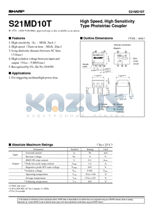 S21MD10T datasheet - High Speed, High Sensitivity Type Phototriac Coupler