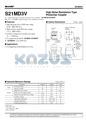 S21MD3V datasheet - High Noise Resistance Type Phototriac Coupler