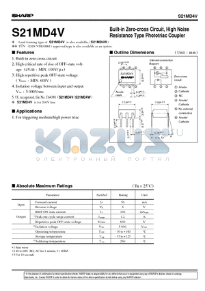 S21MD4V datasheet - Built-in Zero-cross Circuit, High Noise Resistance Type Phototriac Coupler