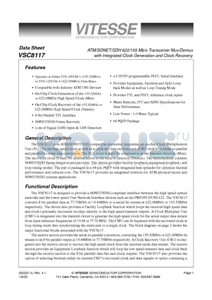VSC8117QP2 datasheet - ATM/SONET/SDH 622/155 Mb/s Transceiver Mux/Demux with Integrated Clock Generation and Clock Recovery