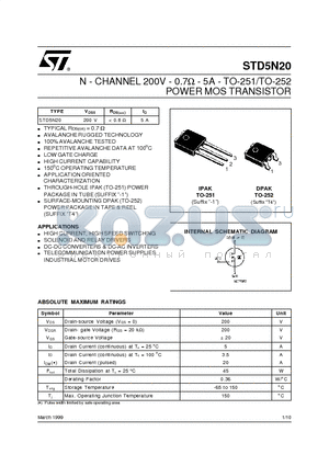 STD5N20 datasheet - N - CHANNEL 200V - 0.7ohm - 5A - TO-251/TO-252 POWER MOS TRANSISTOR