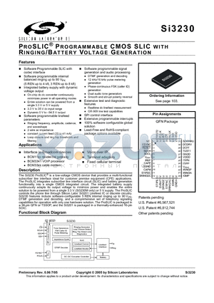 SI3230 datasheet - PROSLIC^ PROGRAMMABLE CMOS SLIC WITH RINGING/BATTERY VOLTAGE GENERATION