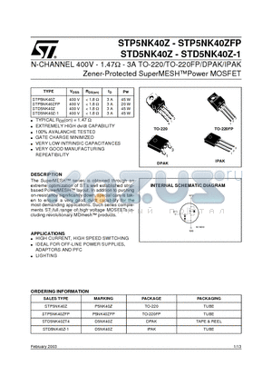 STD5NK40Z-1 datasheet - N-CHANNEL 400V - 1.47ohm - 3A TO-220/TO-220FP/DPAK/IPAK Zener-Protected SuperMESHPower MOSFET