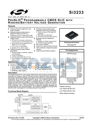 SI3233 datasheet - PROSLIC^ PROGRAMMABLE CMOS SLIC WITH RINGING/BATTERY VOLTAGE GENERATION