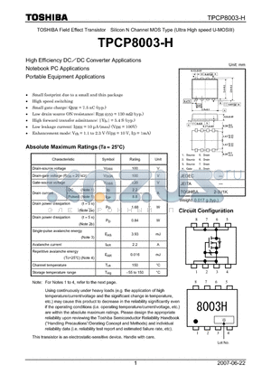 TPCP8003-H datasheet - TOSHIBA Field Effect Transistor Silicon N Channel MOS Type (Ultra High speed U-MOSIII)