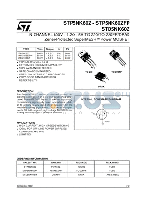 STD5NK60Z datasheet - N-CHANNEL 600V - 1.2W - 5A TO-220/TO-220FP/DPAK Zener-Protected SuperMESHPower MOSFET