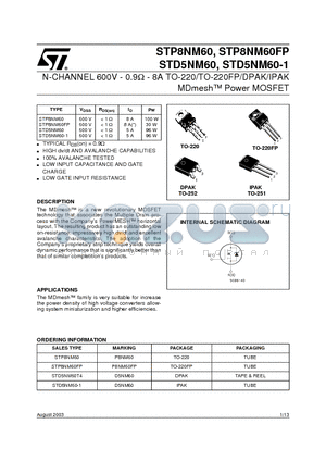 STD5NM60 datasheet - N-CHANNEL 600V - 0.9ohm - 8A TO-220/TO-220FP/DPAK/IPAK MDmesh Power MOSFET