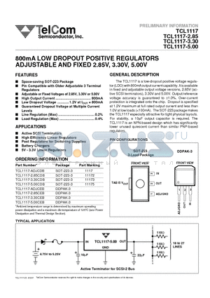 TCL1117-2.85 datasheet - 800mA LOW DROPOUT POSITIVE REGULATORS ADJUSTABLE AND FIXED 2.85V, 3.30V, 5.00V