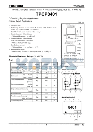 TPCP8401 datasheet - TOSHIBA Field Effect Transistor Silicon P, N Channel MOS Type (U-MOS  / p-MOS )