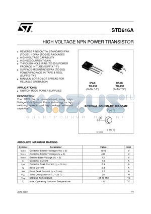 STD616A datasheet - HIGH VOLTAGE NPN POWER TRANSISTOR