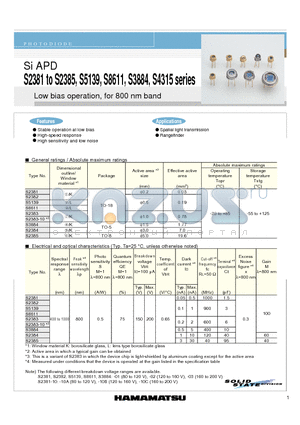 S2384 datasheet - Low bias operation, for 800 nm band