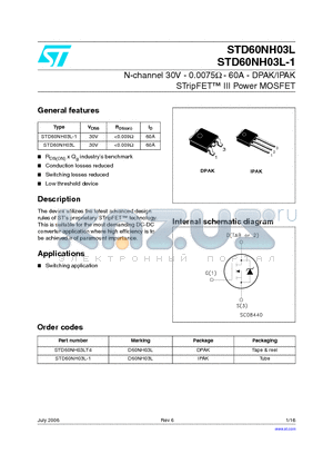 STD60NH03LT4 datasheet - N-channel 30V - 0.0075ohm - 60A - DPAK/IPAK STripFET TM III Power MOSFET