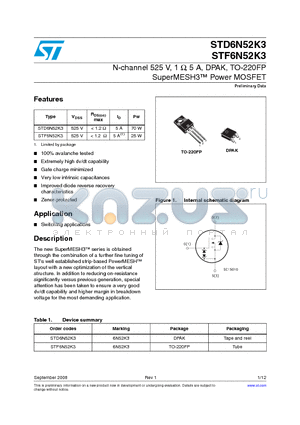 STD6N52K3 datasheet - N-channel 525 V, 1 Y, 5 A, DPAK, TO-220FP SuperMESH3 Power MOSFET