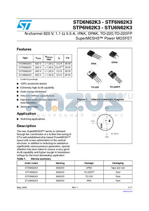 STD6N62K3 datasheet - N-channel 620 V, 1.1 Y, 5.5 A, IPAK, DPAK, TO-220,TO-220FP SuperMESH3 Power MOSFET