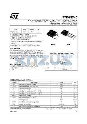 STD6NC40-1 datasheet - N-CHANNEL 400V - 0.75ohm - 5A - DPAK / IPAK PowerMeshII MOSFET