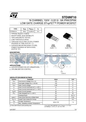 STD6NF10 datasheet - N-CHANNEL 100V - 0.22 ohm - 6A IPAK/DPAK LOW GATE CHARGE STripFET POWER MOSFET