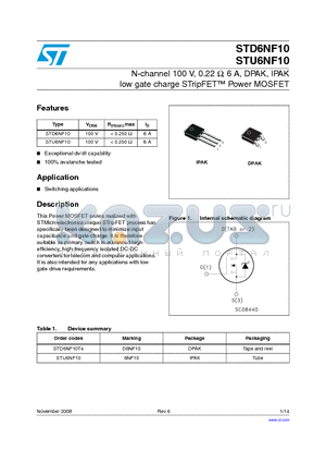 STD6NF10 datasheet - N-channel 100 V, 0.22 Y, 6 A, DPAK, IPAK low gate charge STripFET Power MOSFET