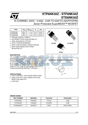 STD6NK50Z datasheet - N-CHANNEL 500V - 0.93 ohm - 5.6A TO-220/TO-220FP/DPAK Zener-Protected SuperMESH MOSFET