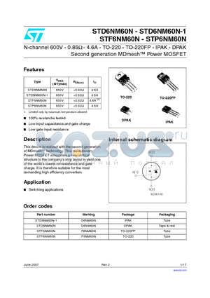 STD6NM60N-1 datasheet - N-channel 600V - 0.85Y - 4.6A - TO-220 - TO-220FP - IPAK - DPAK Second generation MDmesh Power MOSFET