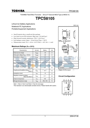 TPCS8105 datasheet - TOSHIBA Field Effect Transistor Silicon P Channel MOS Type (U-MOS IV)