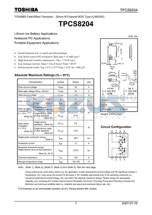 TPCS8204 datasheet - Lithium Ion Battery Applications Notebook PC Applications Portable Equipment Applications
