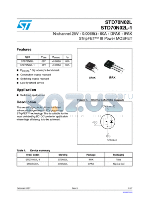 STD70N02L-1 datasheet - N-channel 25V - 0.0068Y - 60A - DPAK - IPAK STripFET III Power MOSFET