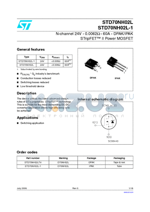 STD70NH02LT4 datasheet - N-CHANNEL 24V - 0.0062 Ohm - 60A IPAK/DPAK STripFET II Power MOSFET